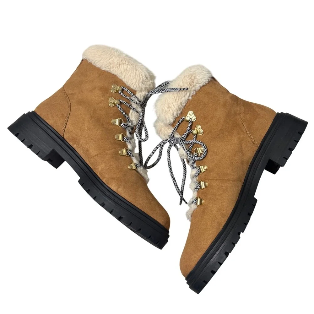 J. Crew Factory Hiking Boots Womens 9.5 Tan Excellent Faux Fur Lug Sole